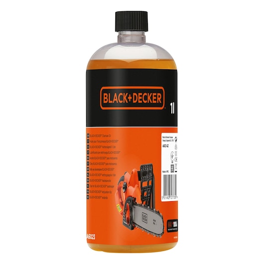 Une bouteille d'huile pour tronçonneuse BLACK+DECKER de 1 litre avec un bouchon à vis noir, arborant une étiquette orange et noire avec le logo BLACK+DECKER et une image d'une tronçonneuse sur le devant.