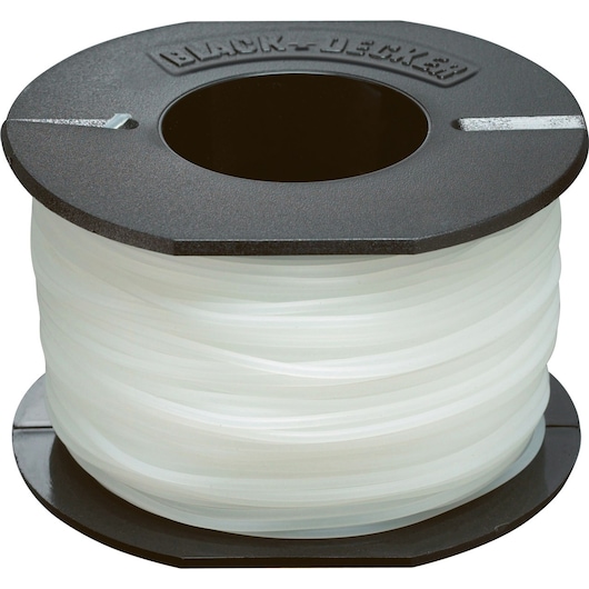 Une bobine de filament blanc translucide avec un support en plastique noir, portant la marque BLACK+DECKER sur le dessus.