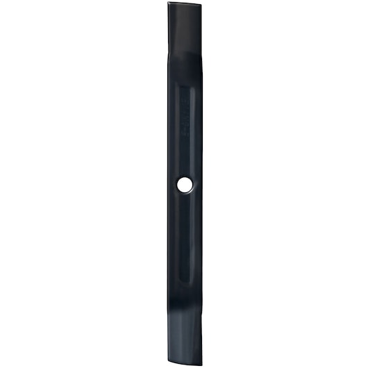 Une lame de tondeuse noire en métal avec un trou central de fixation, présentée verticalement sur un fond blanc.