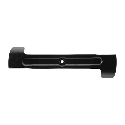 Une lame de tondeuse à gazon BLACK+DECKER noire, présentée sur un fond blanc. La lame comporte un trou au centre pour le montage.