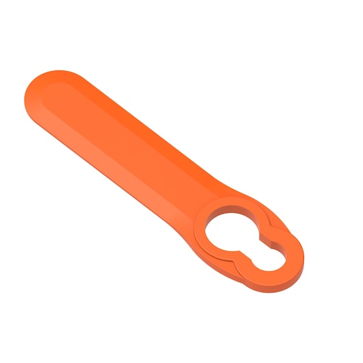 Une pièce d'outil en plastique orange avec une poignée plate et une extrémité arrondie dotée d'une ouverture en forme de trou de serrure, photographiée sur un fond blanc.