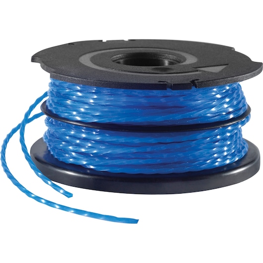 Une bobine en plastique noire avec un fil bleu torsadé, probablement un fil de remplacement pour un outil de jardin.