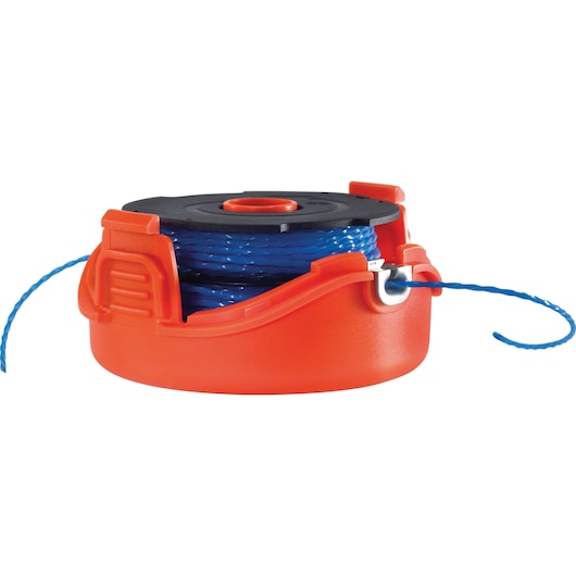 Image en gros plan d'une bobine de coupe-bordures orange et noire avec une ligne bleue, utilisée pour les équipements de coupe de gazon et de mauvaises herbes.