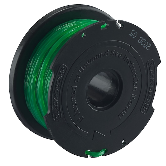 Une bobine de fil de coupe vert BLACK+DECKER logée dans un boîtier en plastique noir, conçue pour les coupe-bordures.