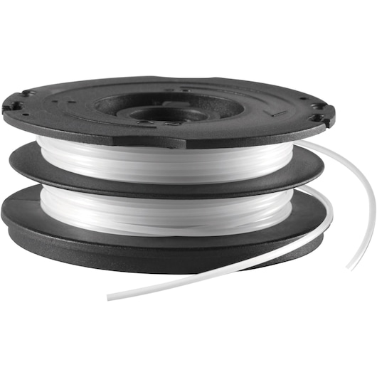 Bobine de rechange BLACK+DECKER avec fil en nylon blanc pour coupe-bordures de jardin, présentée avec deux bobines séparées empilées, dotée d'un boîtier en plastique noir.