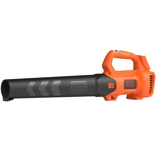Un souffleur de feuilles sans fil BLACK+DECKER avec un corps orange et noir, doté d'une poignée et d'une buse pour diriger le flux d'air.
