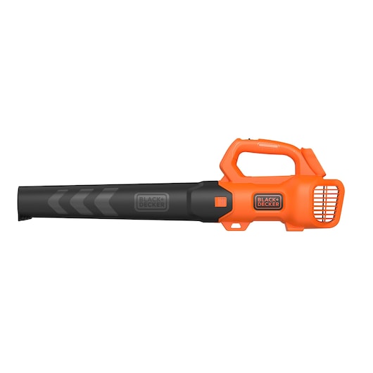 Un souffleur de feuilles BLACK+DECKER avec une buse noire et une poignée orange est présenté sur un fond blanc.