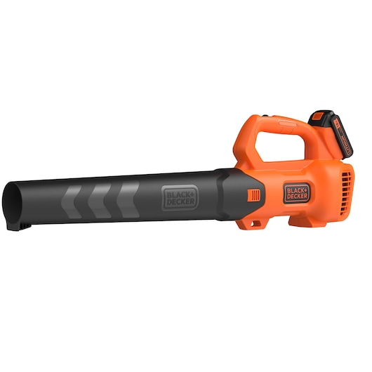 BLACKDECKER BCBL200L draadloze bladblazer, oranje en zwart, zijaanzicht op witte achtergrond