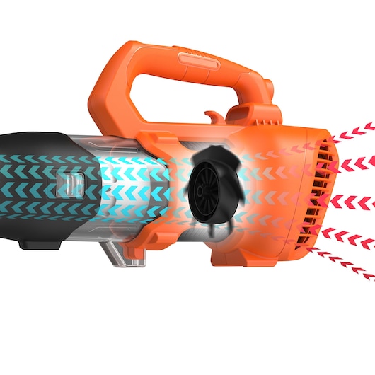 BLACKDECKER BCBL200L bladblazer zijaanzicht, pijlen tonen zuig- en blaasfunctie.