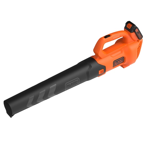 BLACKDECKER BCBL200L draadloze bladblazer, oranje en zwart, zijaanzicht, witte achtergrond.