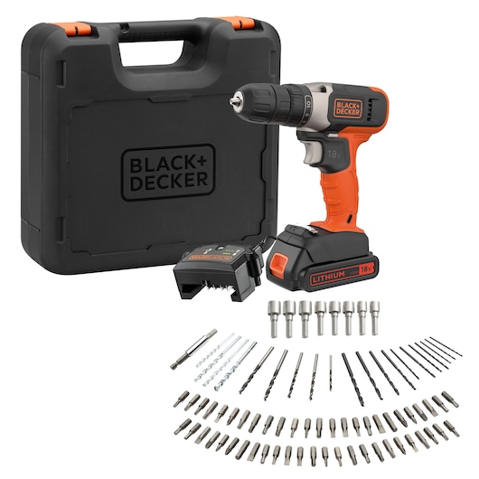 BLACK+DECKER BCD001C1KA perceuse sans fil avec coffret noir, chargeur et forets et embouts de vissage, vue de face.