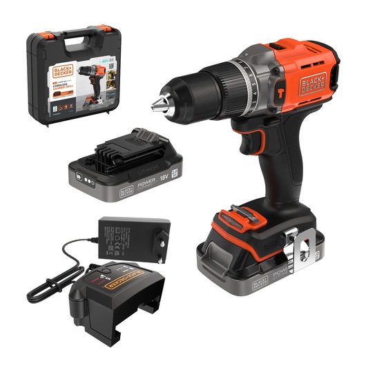 BLACK+DECKER BCD383D2XK perceuse sans fil avec batterie lithium 18V, chargeur et mallette, vue de face.