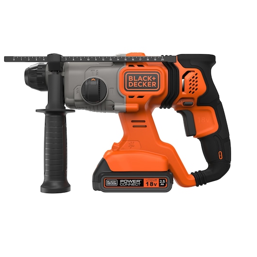 BLACKDECKER BCD900E2K perceuse à percussion sans fil orange et noire, angle latéral sur fond blanc.