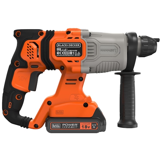 BLACKDECKER BCD900E2K perforateur sans fil, orange et noir, vue latérale, batterie lithium 18V.