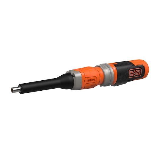 Een draadloze oranje en zwarte elektrische schroevendraaier van het merk BLACK+DECKER met lithiumbatterij, getoond op een witte achtergrond.