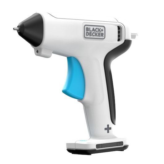 Foto van BLACKDECKER BCGL115 draadloze lijmpistool met witte en zwarte behuizing, blauwe trekker, zijaanzicht.