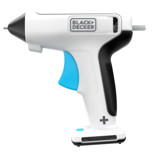 BLACK+DECKER BCGL115 draadloos lijmpistool met zwarte, witte en blauwe accenten, rechter zijaanzicht, witte achtergrond.