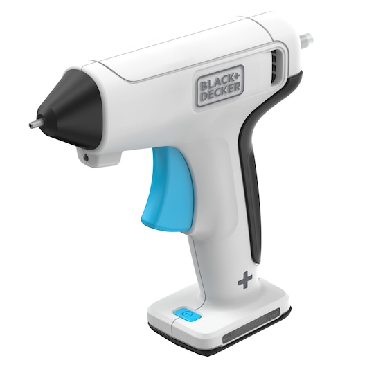 Foto van BLACK+DECKER BCGL115 draadloos lijmpistool met witte behuizing, zwarte tuit en blauwe trekker, voorkant.