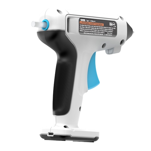 BLACKDECKER BCGL115 draadloos lijmpistool met zwart handvat, witte behuizing en blauwe trekker, zijaanzicht.