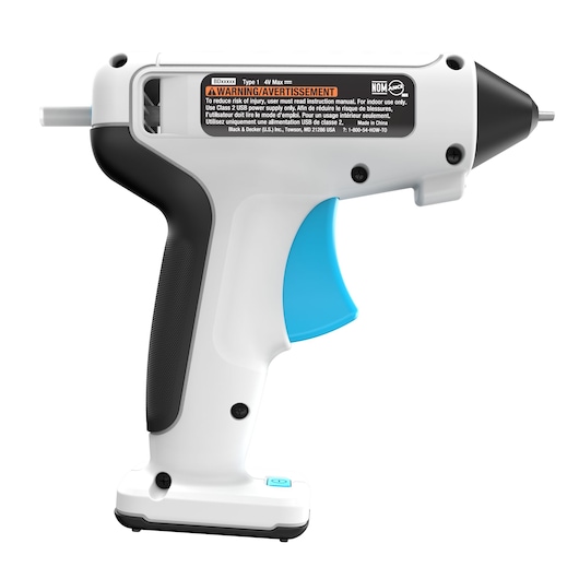 BLACKDECKER BCGL115 draadloos lijmpistool, wit en zwart ontwerp, blauwe trekker, zijaanzicht op witte achtergrond.