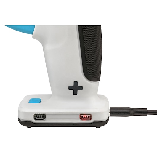 BLACKDECKER BCGL115 handgereedschap basis met aangesloten oplaadkabel, witte en zwarte handgreep, close-up, witte achtergrond.