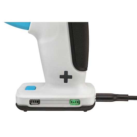 BLACKDECKER BCGL115 handheldapparaat basis met oplaadkabel, wit en zwart, close-up zijaanzicht.