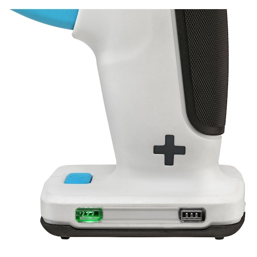 BLACKDECKER BCGL115 close-up van de handgereedschapbasis met handvat, griptextuur en zichtbare groene waterpas.