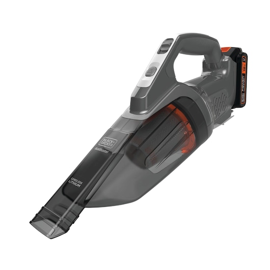 Een BLACK+DECKER draadloze lithium handstofzuiger met dustbuster-technologie, met een slank grijs ontwerp en een zichtbare filterkamer.