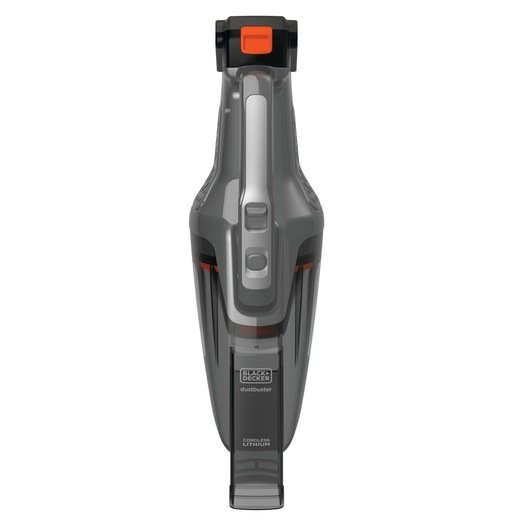 Een BLACK+DECKER Dustbuster draadloze handstofzuiger, weergegeven vanuit een bovenaanzicht met een grijze en zwarte behuizing en een oranje knop.