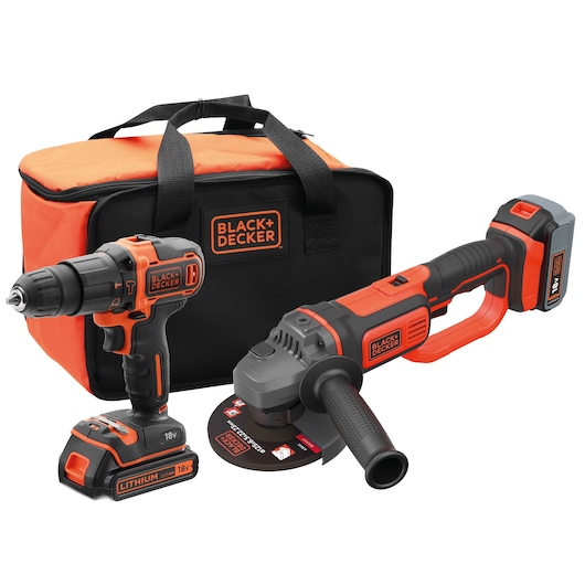 Un ensemble d'outils électriques sans fil BLACK+DECKER comprenant une perceuse 18V, une meuleuse d'angle 18V et un sac de transport assorti orange et noir.