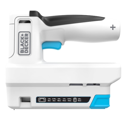 BLACK+DECKER BCN115 snoerloos nietpistool, wit met zwart handvat en blauwe trekker, zijaanzicht op witte achtergrond.