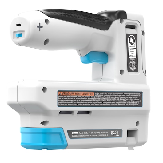 BLACKDECKER BCN115 witte en blauwe elektrische tacker zijaanzicht, ergonomisch zwart handvat, zichtbare veiligheidslabels.