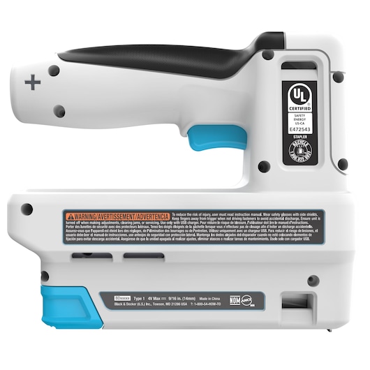 BLACKDECKER BCN115 draadloze elektrische tacker zijaanzicht, wit en zwart met blauwe details, waarschuwingslabels zichtbaar.