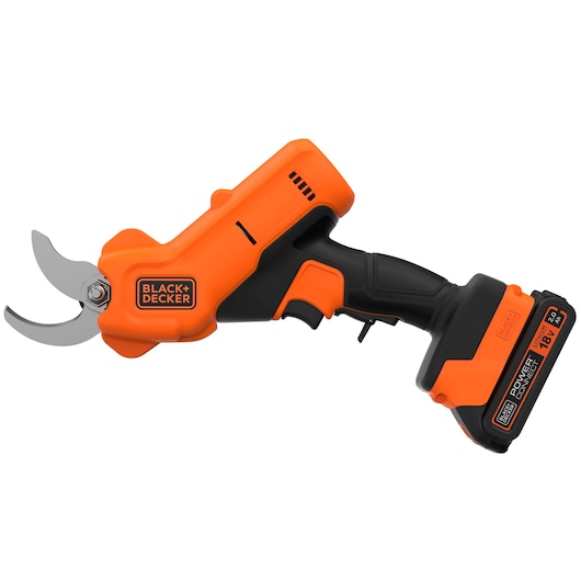 Foto van BLACK+DECKER BCPP18D1 draadloze elektrische snoeischaar, oranje en zwart, rechter zijaanzicht.