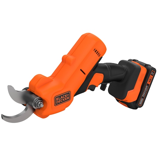 BLACKDECKER BCPP18D1 snoerloze elektrische snoeischaar, oranje en zwart, zijaanzicht fotografie.