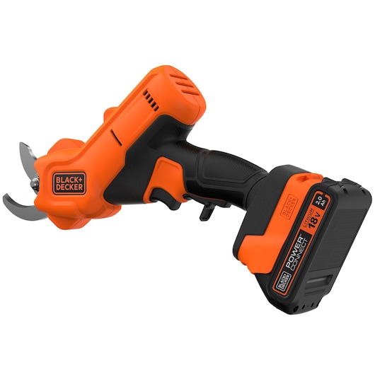 BLACKDECKER BCPP18D1 snoeischaar op accu, oranje-zwart, zijaanzicht met 18V batterij en mes.
