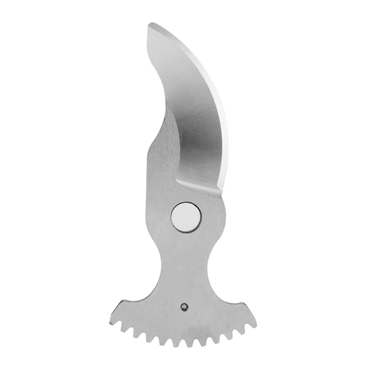 Une lame de rechange en métal pour un sécateur BLACK+DECKER, présentée seule sur un fond blanc. La lame possède un bord incurvé et une base dentée pour la fixation.