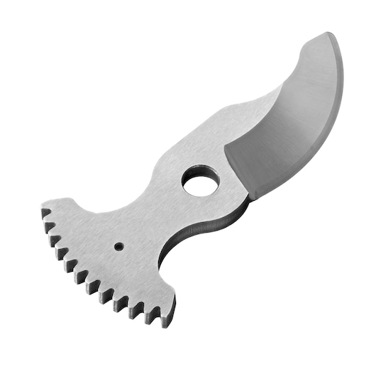 Image en gros plan d'une lame de rechange métallique avec un bord de coupe incurvé et une section dentelée, conçue pour un équipement de photographie BLACK+DECKER, sur fond blanc.