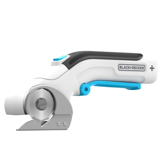 Foto van de BLACKDECKER BCRC115 elektrische roterende snijder, wit en blauw, zijaanzicht op witte achtergrond.