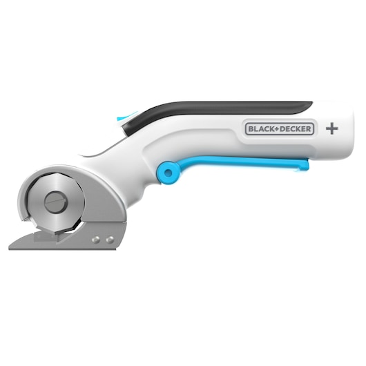 Foto van de BLACK+DECKER BCRC115 draadloze roterende snijder, wit en blauw, rechterzijde op witte achtergrond.