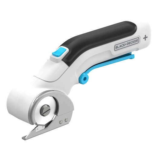 BLACKDECKER roterende snijder BCRC115 fotografie, wit-zwarte handgreep, blauwe accenten, zijaanzicht.