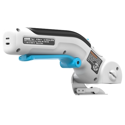 BLACKDECKER BCRC115 draadloze elektrische schaar, wit en blauw, zijaanzicht, productfotografie.