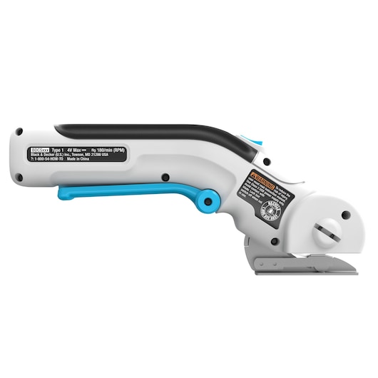 BLACKDECKER BCRC115 draadloos elektrisch snijgereedschap, zijaanzicht met wit lichaam en blauwe accenten.