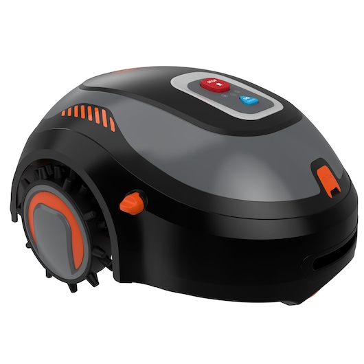 Tondeuse à gazon robotique BLACK+DECKER, modèle BCRMW122, avec un corps noir et gris et des accents orange, ainsi qu'un panneau de contrôle avec boutons stop et go sur le dessus.