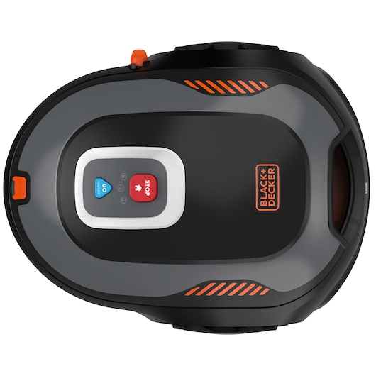 Bovenaanzicht van een BLACK+DECKER robotmaaier, model BCRMW123, in zwart en grijs met oranje accenten. De maaier heeft een zichtbaar bedieningspaneel met blauwe en rode knoppen gemarkeerd 'GO ON/OFF' en 'STOP'.