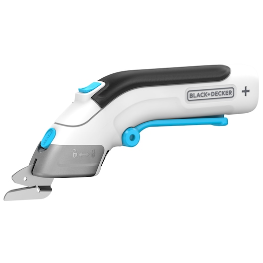 BLACK+DECKER BCSC115 elektrische snijder met wit en zwart lichaam en blauwe accenten, zijaanzicht op witte achtergrond.