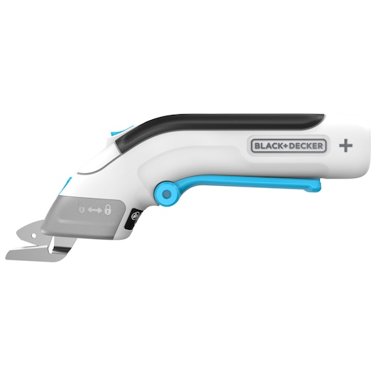 BLACKDECKER BCSC115 draadloze elektrische schaar, zijaanzicht, wit en blauw met metalen blad.