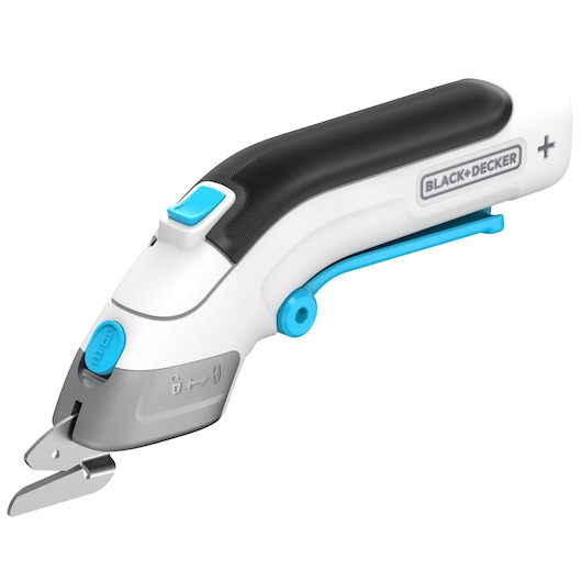 Foto van BLACK+DECKER BCSC115 elektrische snijder, wit en zwart met blauwe accenten, zijaanzicht op witte achtergrond.