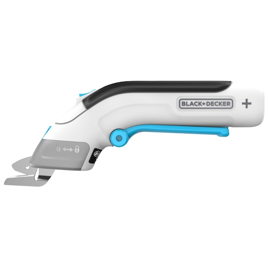 BLACK+DECKER BCSC115 draadloze elektrische schaar, wit en blauw, linker zijaanzicht op witte achtergrond.