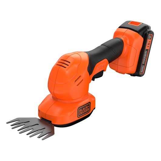 Een BLACK+DECKER 18V snoerloze grasschaar en struiktrimmer met een oranje en zwart ontwerp en een oplaadbare batterij.